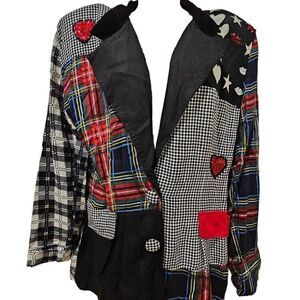 Vintage 80s Surya Blazer Jacket Womens Size M Black White Red Check Plaid Funky